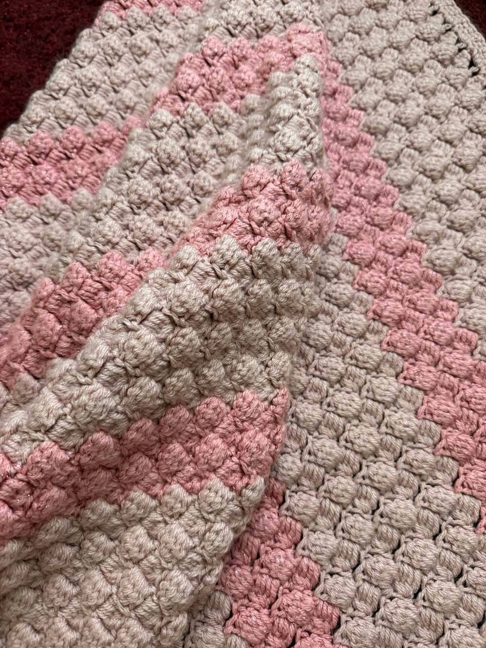 Handmade Crochet Baby Blanket Pink and Mauve/ tan Bobble Stitch 37 x 71 in